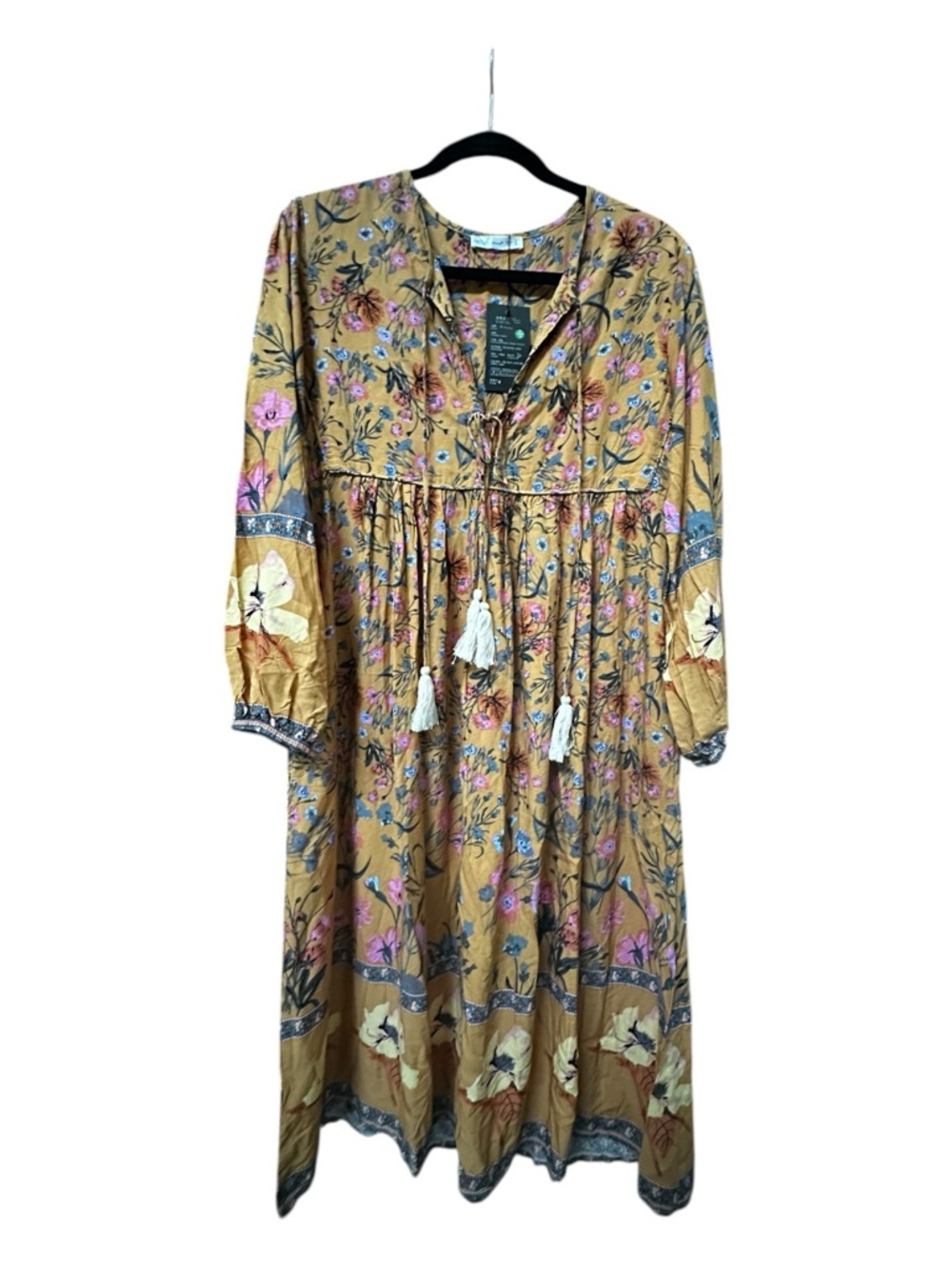 Mustard Floral Maxi Dress Boho Tiered V-Neck Long Balloon Sleeve Tassel Tie - Picture 2 of 10